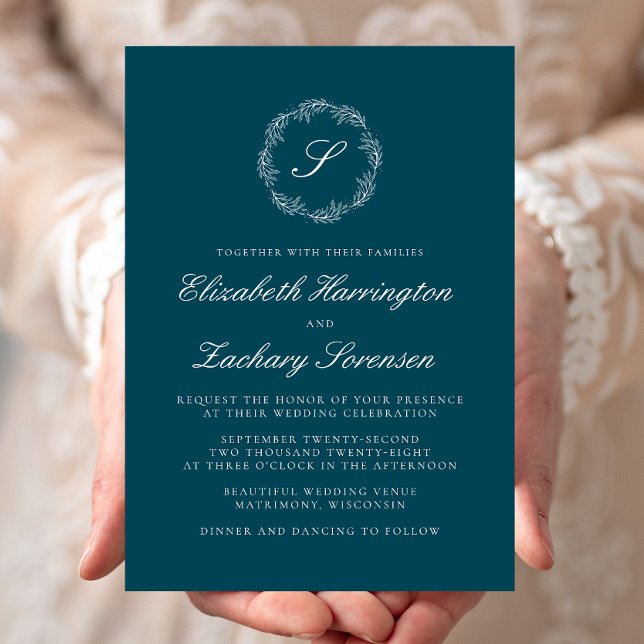 Teal Blue Monogram Wreath White Script Wedding Invitation (Creator Uploaded)