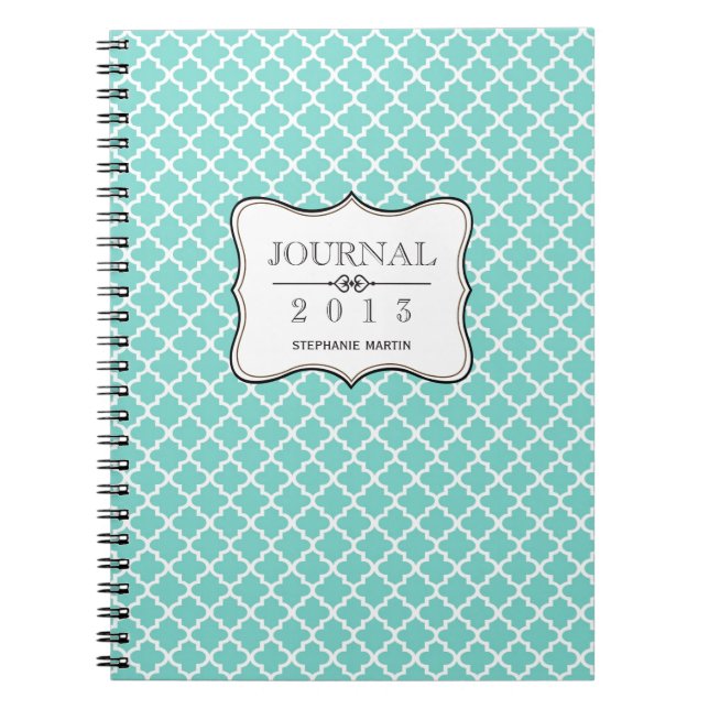 Teal blue Moroccan tile personalised journal (Front)