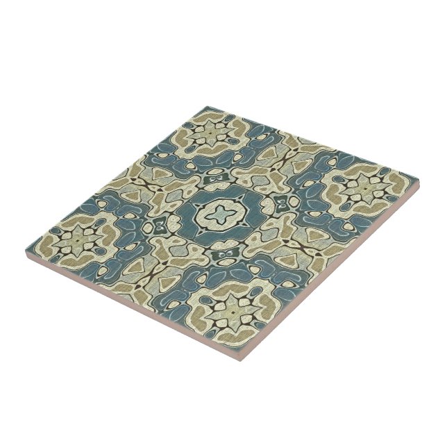 Teal Blue Mustard Green Ochre Ethnic Tribe Art Tile (Side)