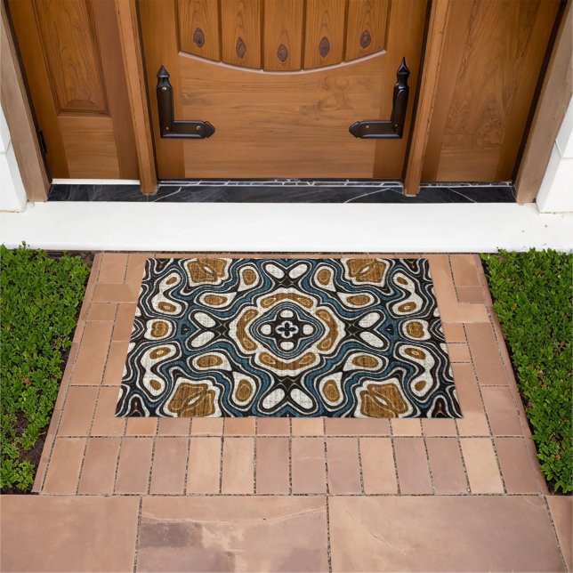 Teal Blue Mustard Ochre Brown Orient Tribal Art Doormat (Outdoor)