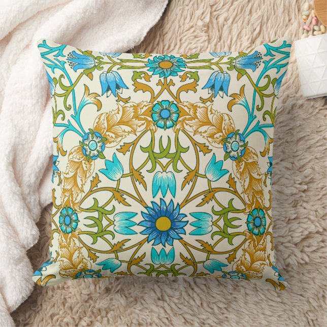 Teal Blue & Mustard William Morris Vine Arts  Cushion (Blanket)