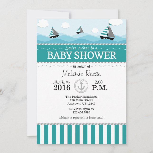Teal Blue Nautical Baby Shower Invitation (Front)