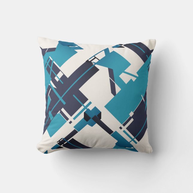 Teal Blue Navy on Off-white Diagonal Abstract Art Cushion (Front)