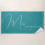 Teal Blue Newlyweds Name Personalised Honeymoon<br><div class="desc">Celebrate your love in style with this personalised beach towel for adults, featuring the newlyweds' names in an elegant, modern design. Perfect for a honeymoon beach trip, anniversary getaway, or romantic vacation, this soft and vibrant towel is a must-have for couples who love to travel together. Designed with a teal...</div>