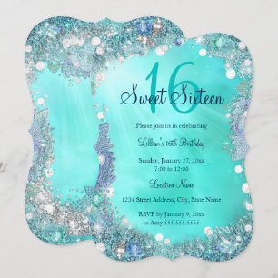 Teal Blue Ocean Pearls Sweet 16 Birthday Party Invitation