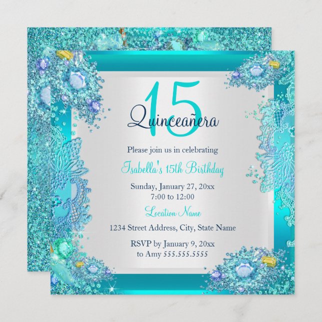 Teal Blue Ocean Quinceanera 15th Birthday Invitation (Front/Back)