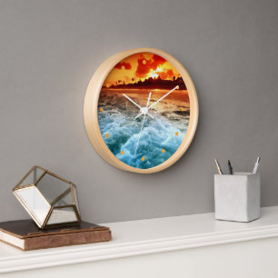 Teal Blue Ocean Surf Orange Red Sunset Watercolor Clock