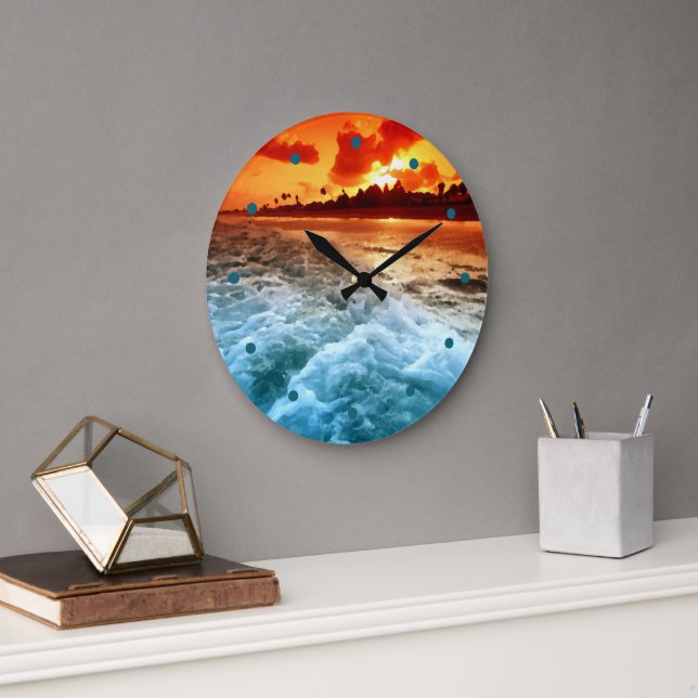 Teal Blue Ocean Surf Orange Sunset Large Clock (Office)
