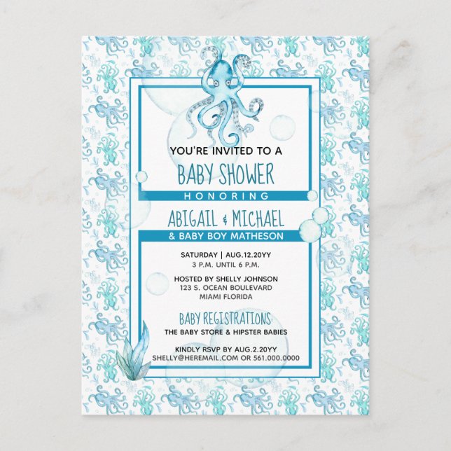 Teal Blue Octopus Baby Shower Sea Life It's a Boy Invitation Postcard (Front)