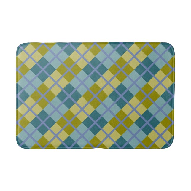 Teal Blue Olive Yellow Purple Pattern Bath Mat (Front)