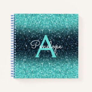 Teal Blue Ombre Glitter and Monogram Sketchbook Notebook