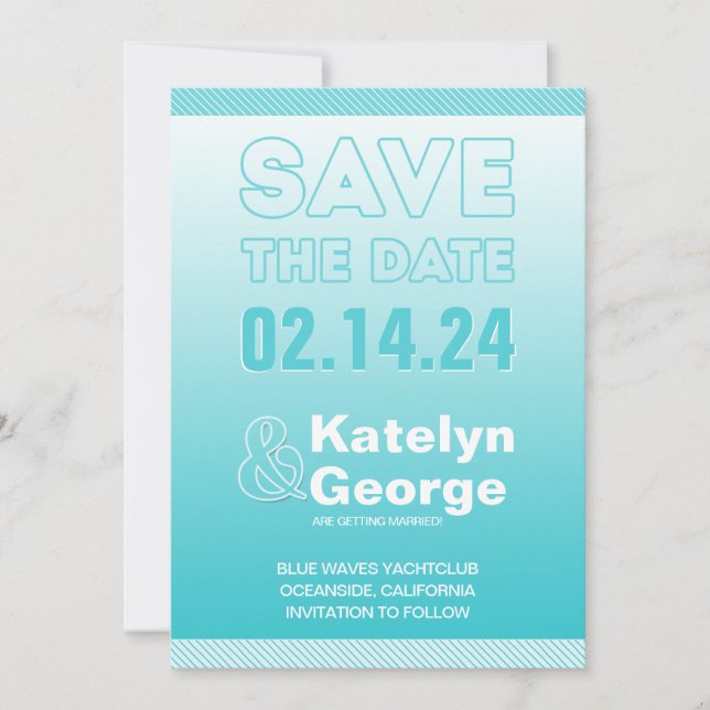 Teal Blue Ombre Save the Date Card (Front)