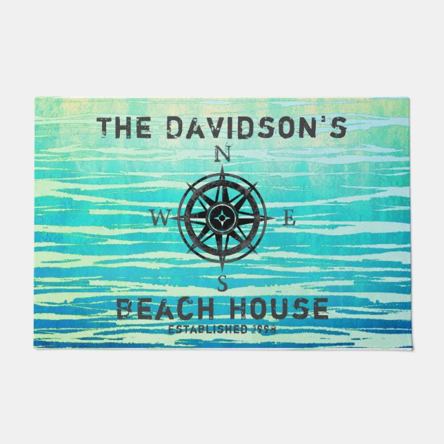 Teal Blue Ombre Sea Monogrammed Doormat (Front)