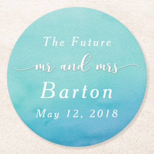 Teal & Blue Ombre Wedding Celebration Round Paper Coaster