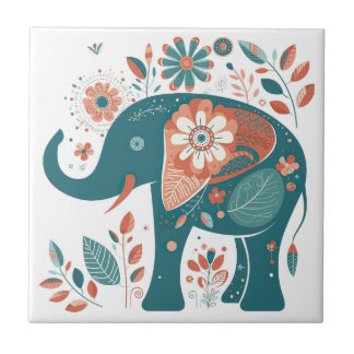 Teal Blue Orange Elephant Scandinavian Folk Art Tile