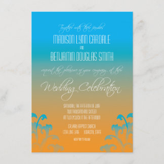 Teal Blue Orange Flourish Wedding Invitations