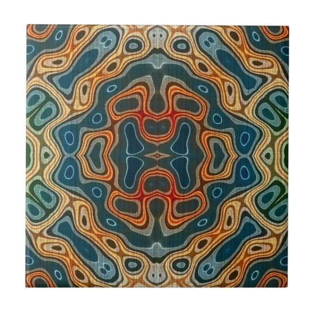 Teal Blue Orange Yellow Green Ethnic Tribe Art Tile (Front)