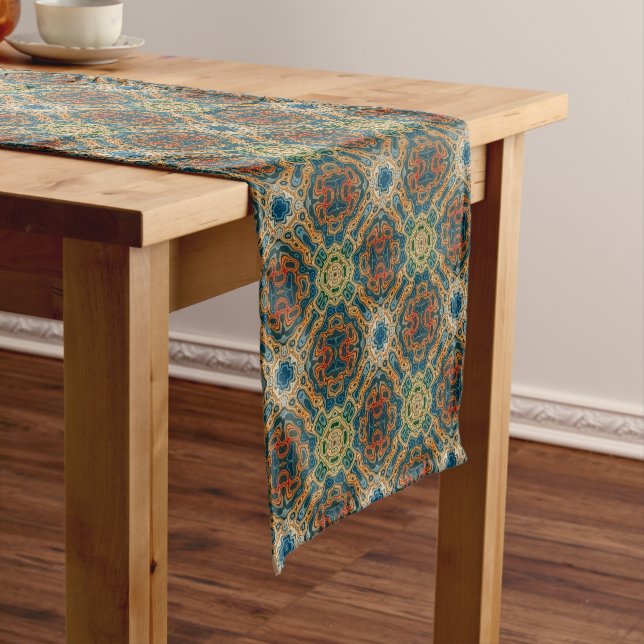 Teal Blue Orange Yellow Green Hip Bohemian Art Short Table Runner (In Situ)