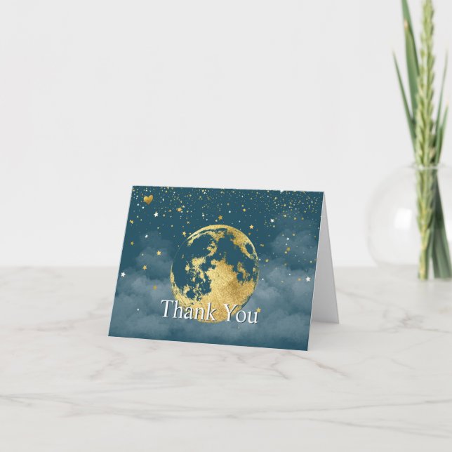 Teal Blue Over the Moon and Stars Celestial Gold Thank You Card (Front)