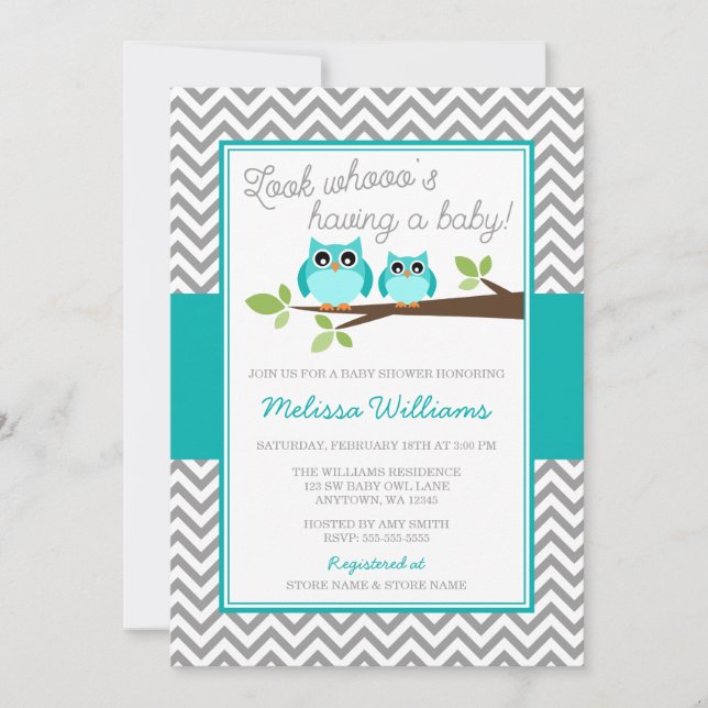 Teal Blue Owl Grey Chevron Boy Baby Shower Invitation (Front)