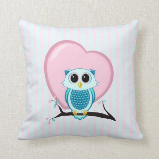 Teal Blue Owl with a Pink Heart and Stripes Cushion