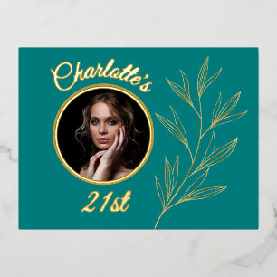 Teal Blue Pale Yellow & Graphic Gold Leaf Birthday Foil Invitation Postcard