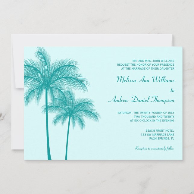 Teal Blue Palm Tree Tropical Wedding Invitation (Front)