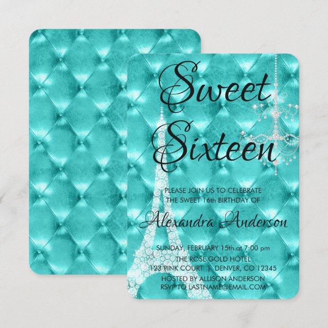 Teal Blue Paris Sweet Sixteen Birthday Party Invitation (Front/Back)