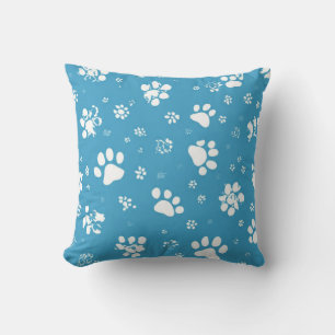 Teal blue Paw Print Throw Pillow-Cute Dog Cat Paws Cushion