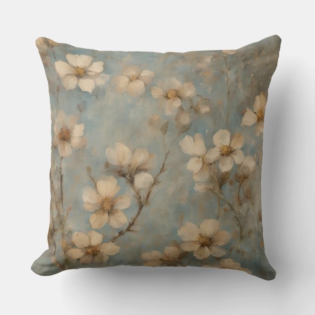 Teal Blue Peach Brown Farmhouse Floral Cushion (Front)