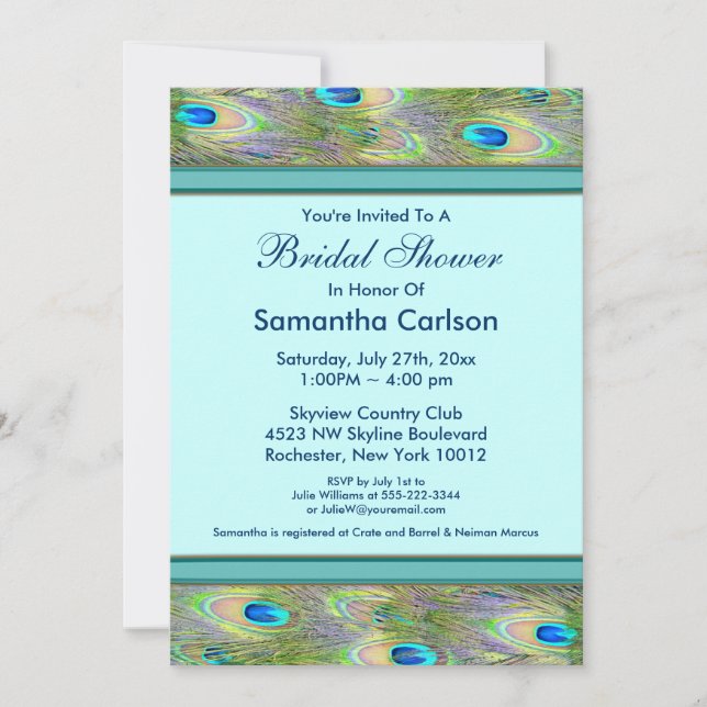 Teal Blue Peacock Bridal Shower Invitation (Front)