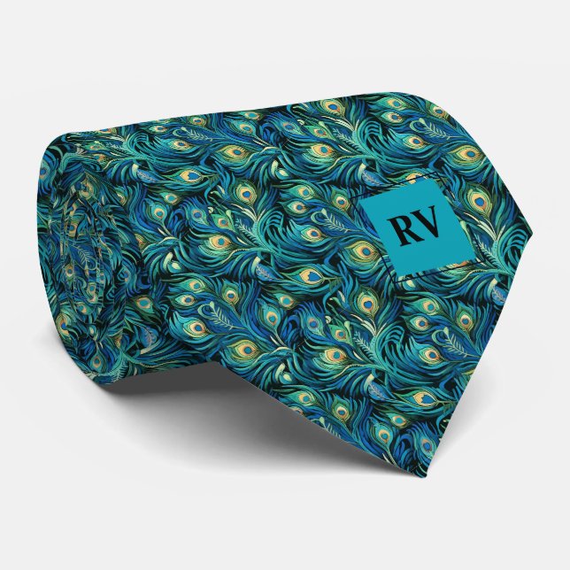 Teal Blue Peacock Feathers Wedding Tie (Rolled)