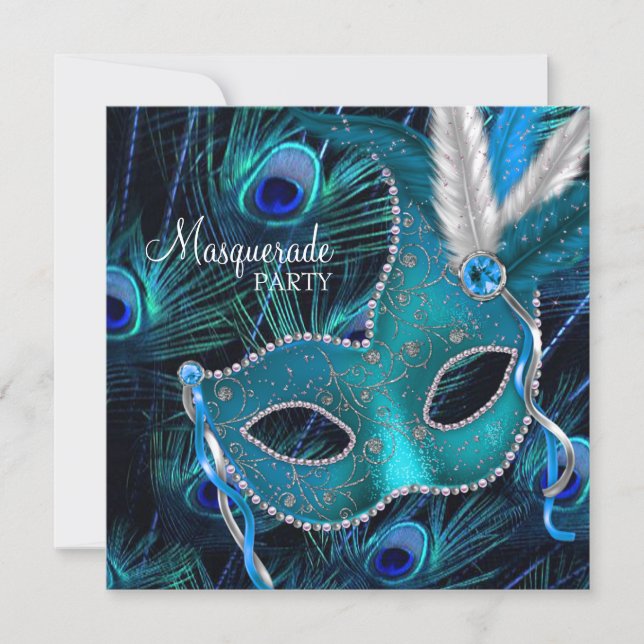 Teal Blue Peacock Mask Masquerade Party Invitation (Front)