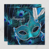 Teal Blue Peacock Mask Masquerade Party Invitation (Front/Back)