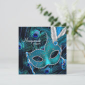Teal Blue Peacock Mask Masquerade Party Invitation (Standing Front)