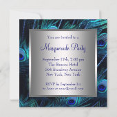 Teal Blue Peacock Mask Masquerade Party Invitation (Back)