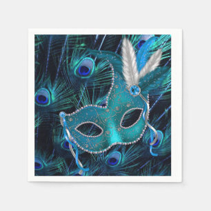 Teal Blue Peacock Masquerade Party Napkin