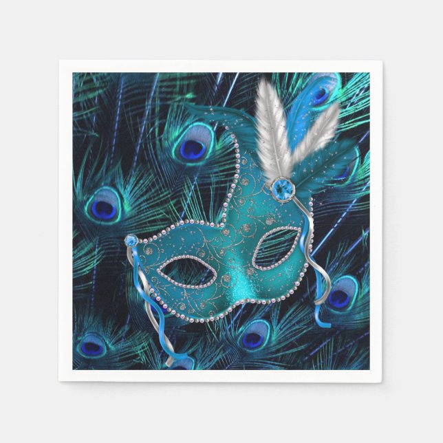 Teal Blue Peacock Masquerade Party Napkin (Front)