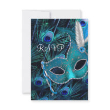 Teal Blue Peacock Masquerade Party RSVP