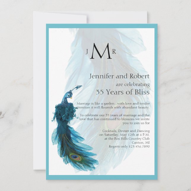 Teal Blue Peacock Plume Wedding Anniversary Invitation (Front)