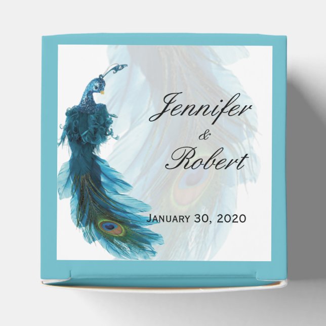 Teal Blue Peacock Plume Wedding Favour Box (Top)