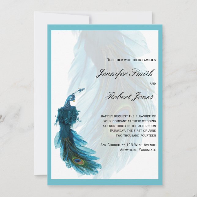 Teal Blue Peacock Plume Wedding Invitation (Front)