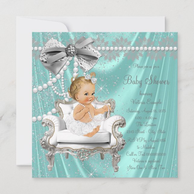 Teal Blue Pearl Chair Girl Baby Shower Invitation (Front)