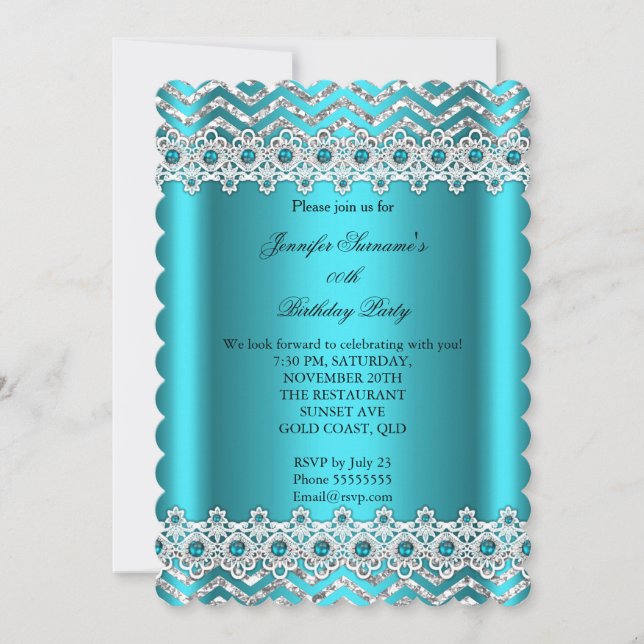 Teal Blue Pearl Chevron Silver Birthday Party Invitation (Front)