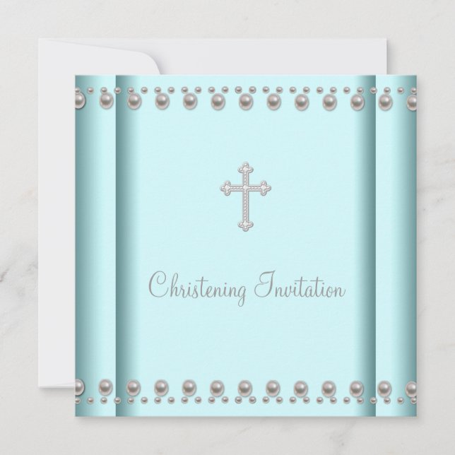 Teal Blue Pearl Cross Baby Boy or Girl Christening Invitation (Front)