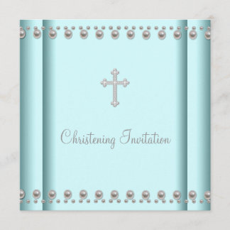 Teal Blue Pearl Cross Baby Boy or Girl Christening Invitation