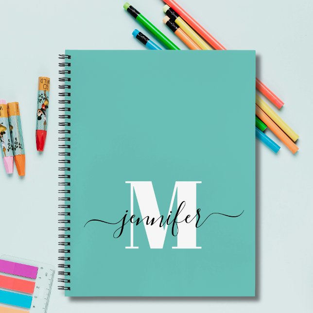 Teal Blue Personalised Sketchbook Monogram Name Notebook (Creator Uploaded)