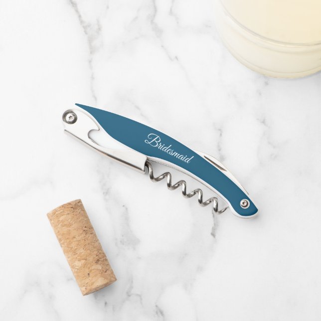 Teal Blue Personalised Wedding Bridesmaid Name Corkscrew (Front)