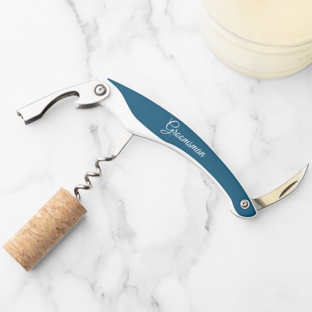 Teal Blue Personalised Wedding Groomsman Corkscrew (Front)