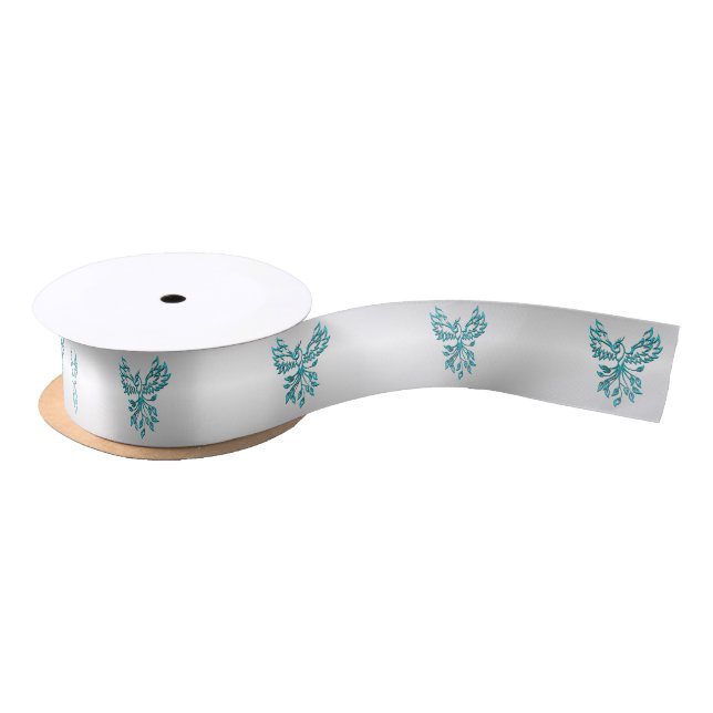 Teal Blue Phoenix on Silver Satin Ribbon (Spool)